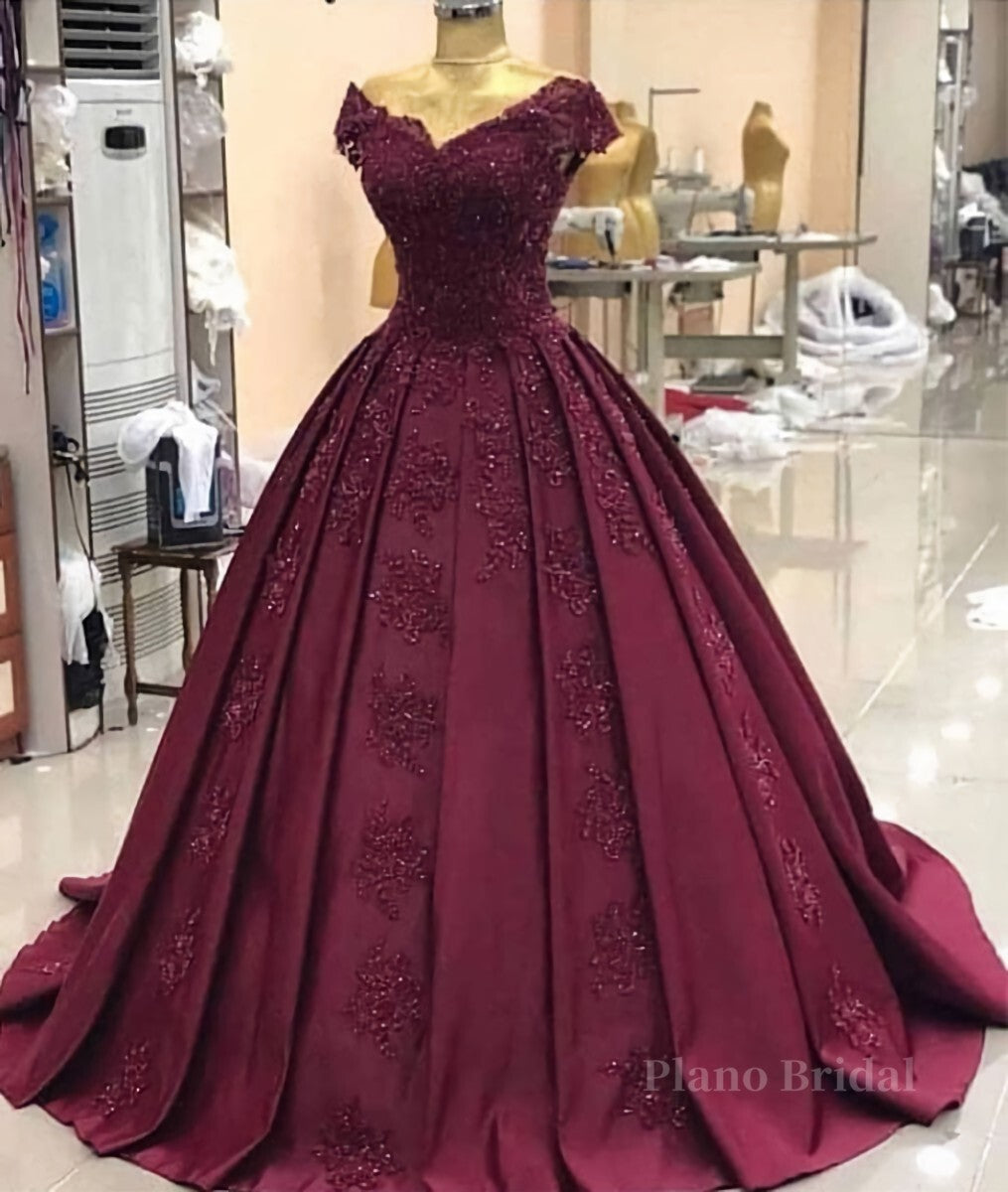 Burgundy off shoulder satin lace long prom dress, burgundy evening dress