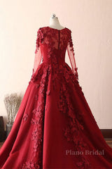 Burgundy round neck lace long prom dress burgundy evening dress