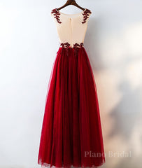 Burgundy round neck tulle lace long prom dress, bridesmaid dress