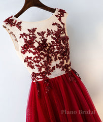 Burgundy round neck tulle lace long prom dress, bridesmaid dress