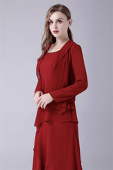 Burgundy Ruffles Chiffon Mother of the Bride Dresses with Giacca