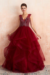 Burgundy Sleeveless Aline Puffy Tulle Prom Dresses with Sequins