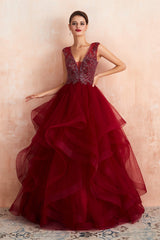 Burgundy Sleeveless Aline Puffy Tulle Prom Dresses with Sequins