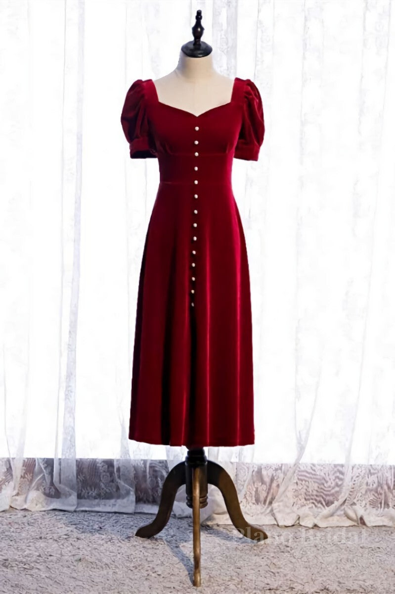 Burgundy Square Neck Puff Sleeves Bow Tie Back Tea Length Formal Dress with Buttons