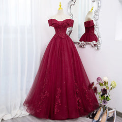 Burgundy Sweetheart Flowers Sequins Lace Party Dress, Long Formal Dress Prom Dress