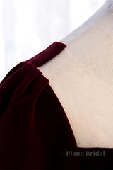 Burgundy Sweetheart Sleeves Pleated Velvet Lace-Up Maxi Formal Dress