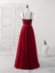 Burgundy Tulle Lace Long Prom Dress, Burgundy Bridesmaid Dress
