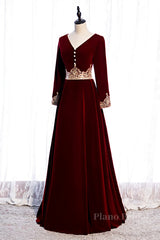 Burgundy V Neck Long Sleeves Embroidery Velvet Maxi Formal Dress with Button