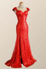 Cap Sleeves Red Sequin Mermaid Long Prom Dress