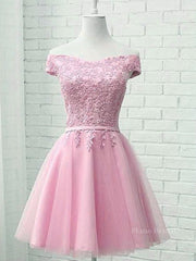 Cap Sleeves Short Pink Lace Prom Dresses, Short Pink Lace Formal Bridesmaid Dresses