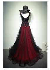 Gorgeous Black And Red V Neckline Tulle Beaded Prom Dress, Long Evening Gown