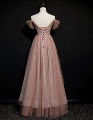 Dark Pink Tulle Beaded Layer Tulle Long Evening Dress, Charming Prom Dress