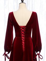 Charming Dark Red Velvet Long Sleeves A Line Party Dress, Party Prom Dress