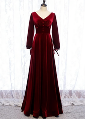 Charming Dark Red Velvet Long Sleeves A Line Party Dress, Party Prom Dress