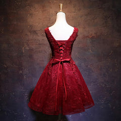 Wine Red Short Lace Cute Homecoming Dress, V Neckline Lace Up Teen Party Dress
