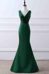 Prom Dress, Green Matte Satin V Neck Mermaid Unique Design Evening Dress
