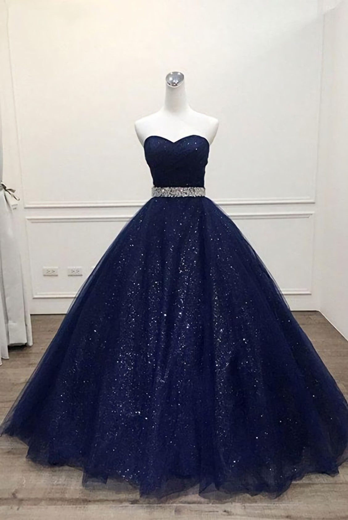 Ong Navy Blue Sparkle Sweetheart Tulle Prom Dress, With Beading Belt