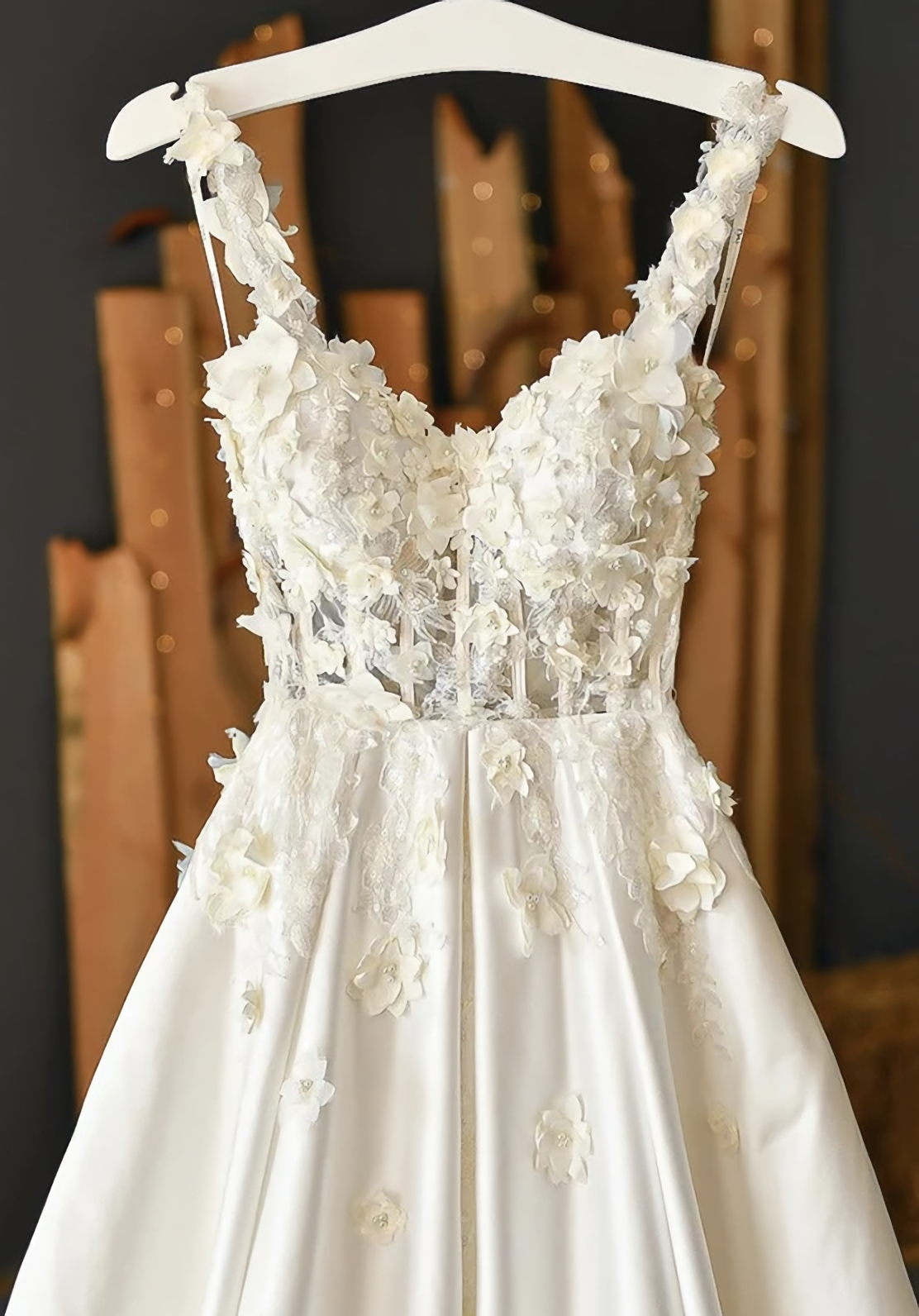 White Satin Applique Long Prom Dress, Evening Dress