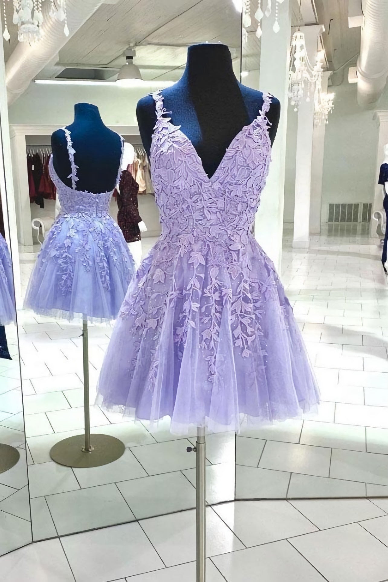 Purple V Neck Tulle Lace Short Homecoming Dress, Lace Cocktail Dress