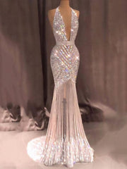 Stunning Tulle Halter Neckline Floor Length Mermaid Evening Prom Dresses
