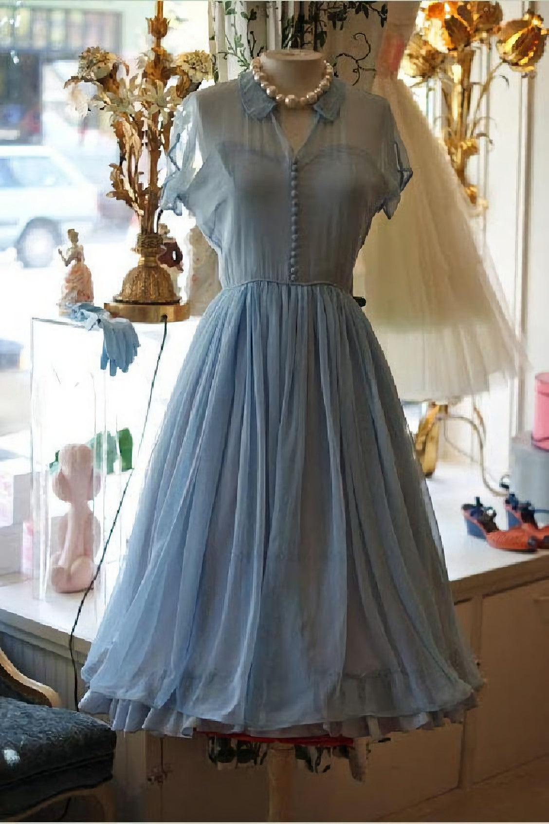 Light Dresses, Chiffon Elegant A Line Doll Collar Short Sleeves Homecoming Blue Chiffon Vintage Style Dress