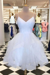 White Tulle Layered V Neck Short Homecoming Dress, White A Line Party Dress