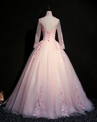 Pink Tulle Beaded Long Lace Applique Formal Prom Dress, Evening Dress, With Sleeve