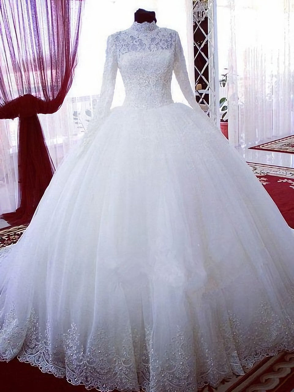 High Neck Long Sleeves Bridal Ball Gown Wedding Dresses, Bridal Gowns Prom Dress
