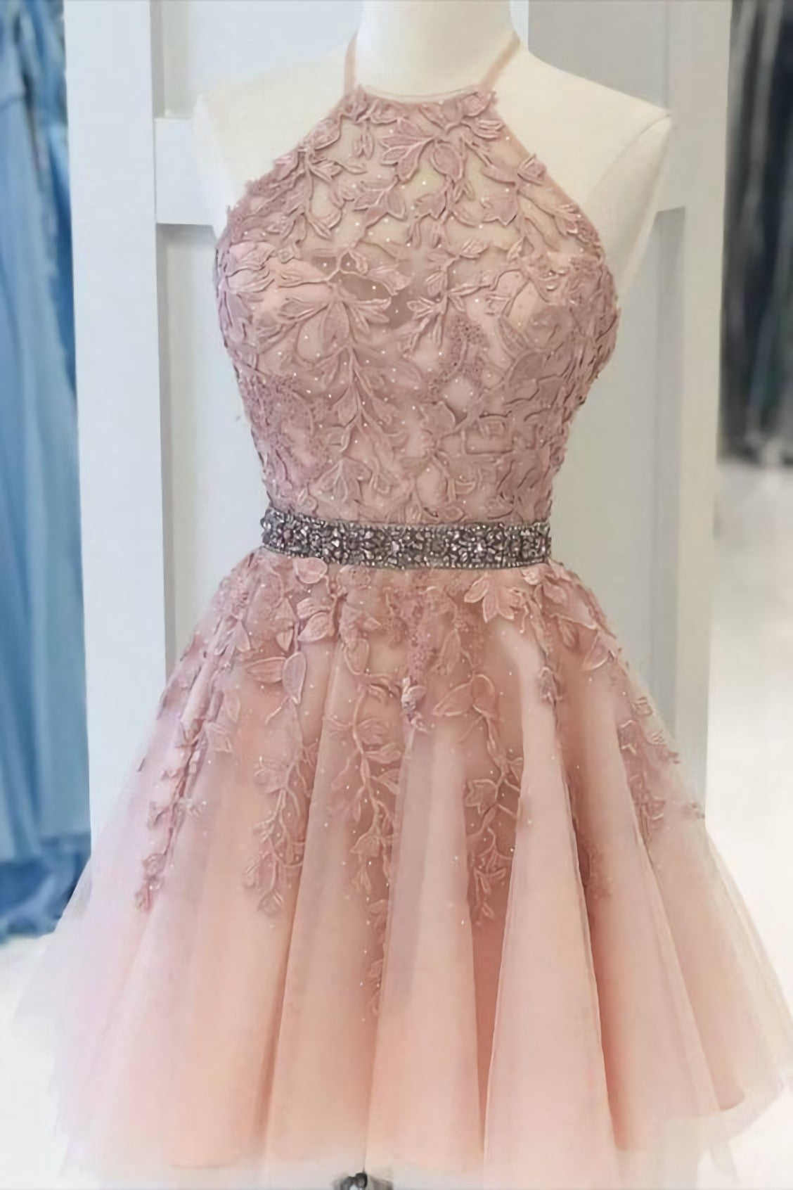 Pink Halter Appliqued Homecoming Dress, With Beading Belt