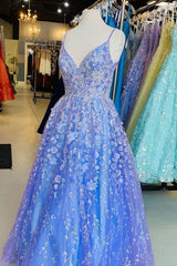 A Line Blue Lace Appliqued Long Formal Dress, Prom Dresses