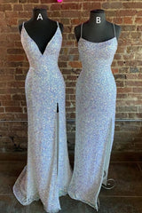 Gorgeous Mermaid White Sequined Long Prom Dresses, Formal Dresses, With Side Slit