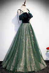 Spaghetti Straps Tulle Lace Green Prom Dress, Floor Length Lace Up Formal Dress