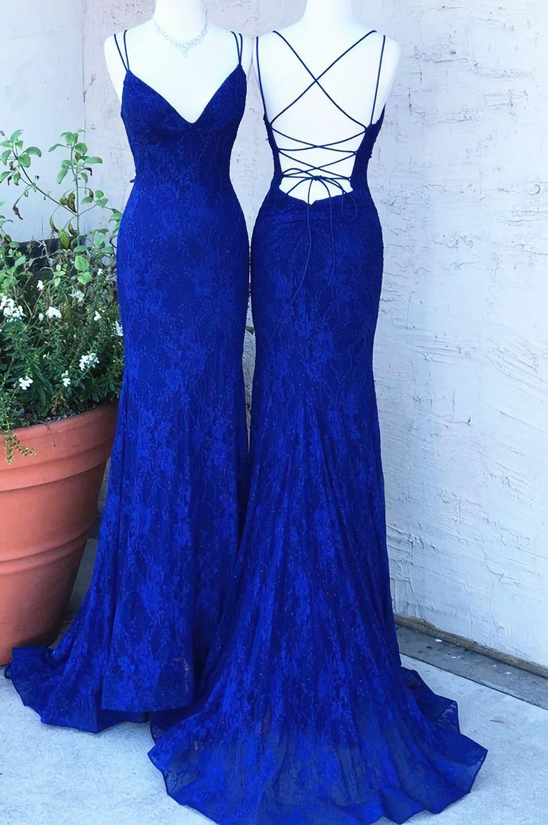 Elegant Mermaid Royal Blue Lace Long Prom Dress, With Lace Up Back 2024 Long Prom Dress