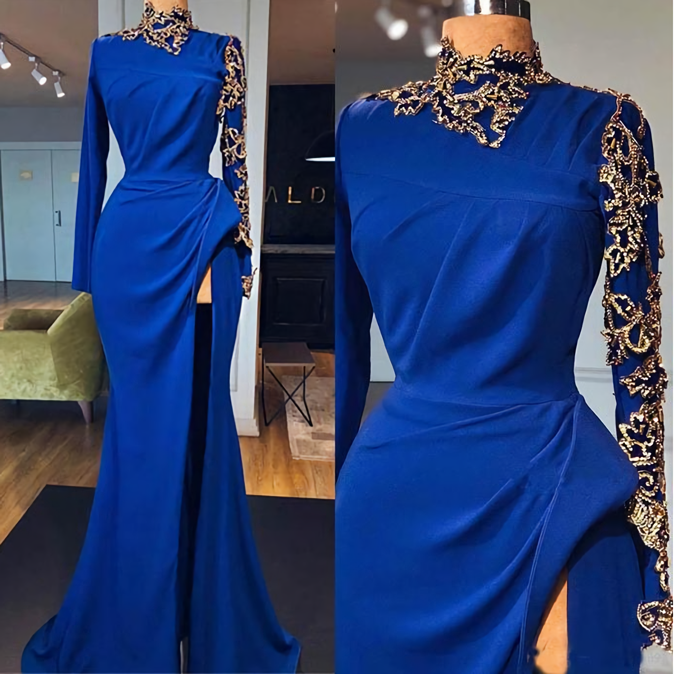 Royal Blue Mermaid Prom Dresses, High Neck Long Sleeves Side Split Gold Appliques Evening Gowns