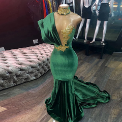 Emerald Green Evening Dresses, High Neck Appliques Gold Lace Mermaid Prom Dresses, Sexy Formal Velvet Party Gowns