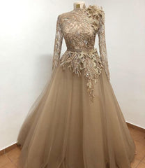 Elegant Champagne Long Prom Dress, Tulle Formal Dress