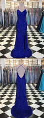 Trumpet Mermaid Royal Blue Long Prom Dresses, Spaghetti Straps Beading Evening Gowns