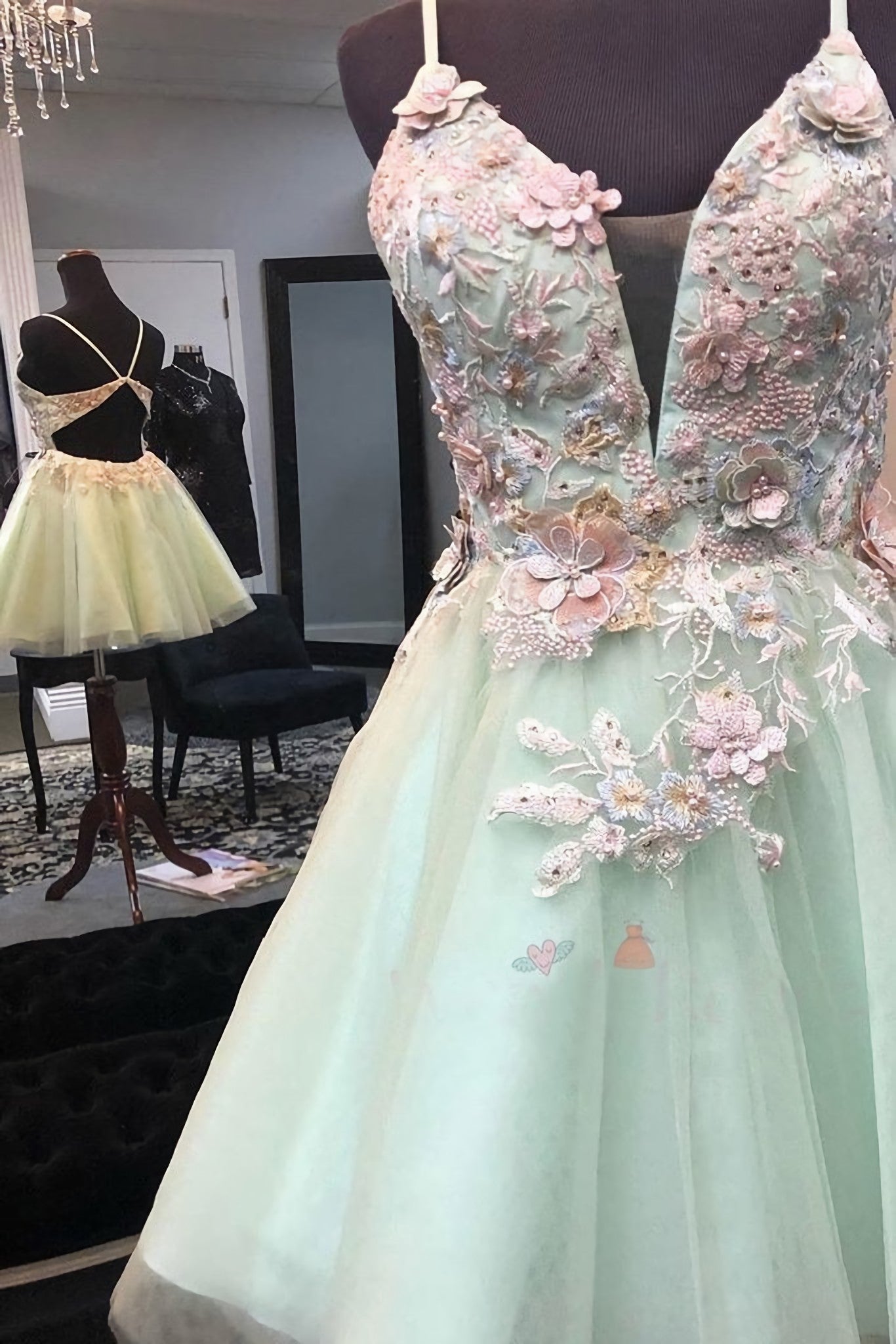 Mint Green Short Homecoming Dress, With Flowers Mini Tulle Graduation Dress, With Pearls