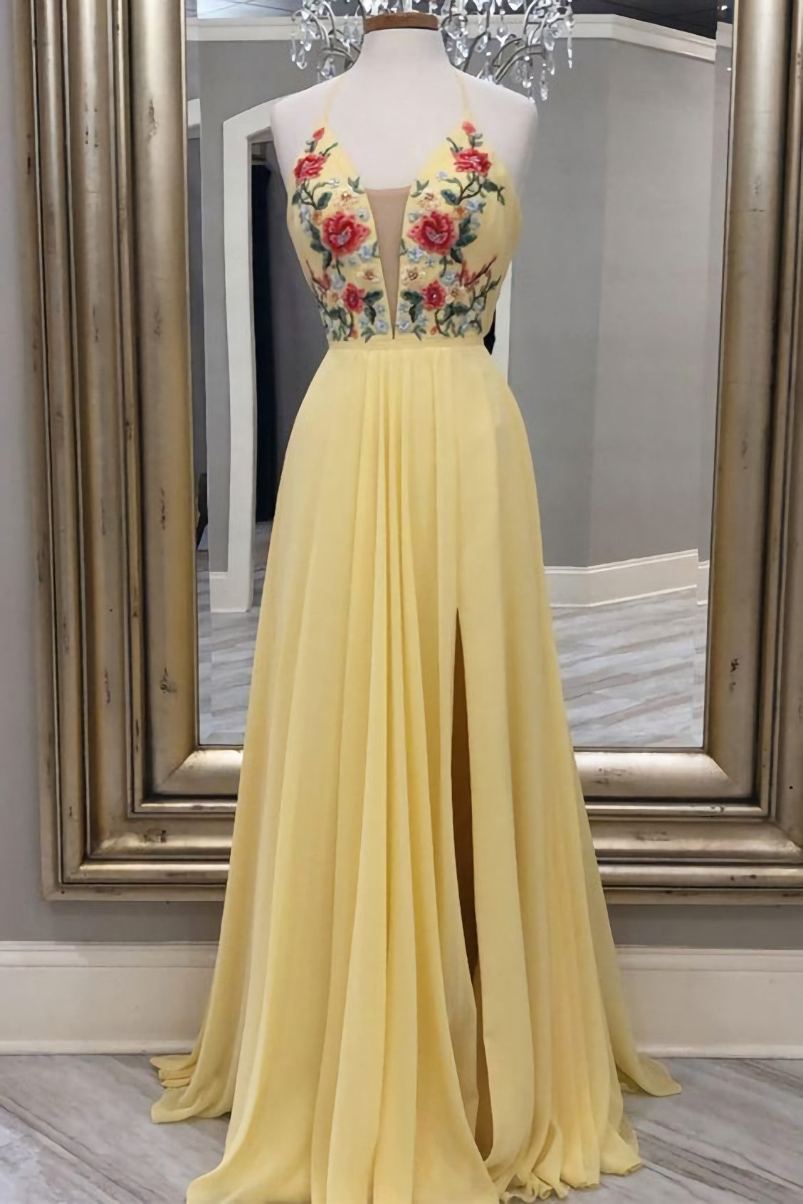 A Line Yellow Floral Embroidery Long Prom Dress, With Side Slit