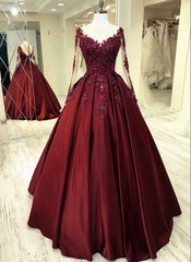 Elegant Burgundy Wedding Dress, Lace Long Sleeves Ball Gown Sheer Neckline For Women Prom Dress, Evening Dress