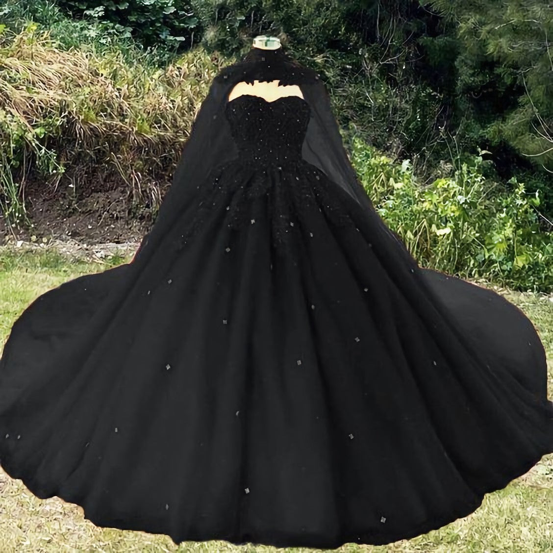 Vintage Black Wedding Dress, Ball Gown For Gothic Weddings With Cape Prom Dress, Evening Dress