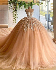 Applique Tulle Pleated Sweetheart Champagne Ball Gown Evening Dress