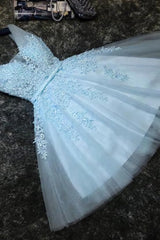 Lovely Blue Tulle V Neckline Short Party Dress, Tulle With Lace Homecoming Dress