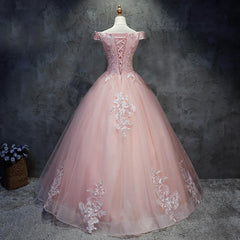 Pink Cap Sleeves Ball Gown Tulle With Lace Sweet 16 Prom Dresses, Long Quinceanera Dresses