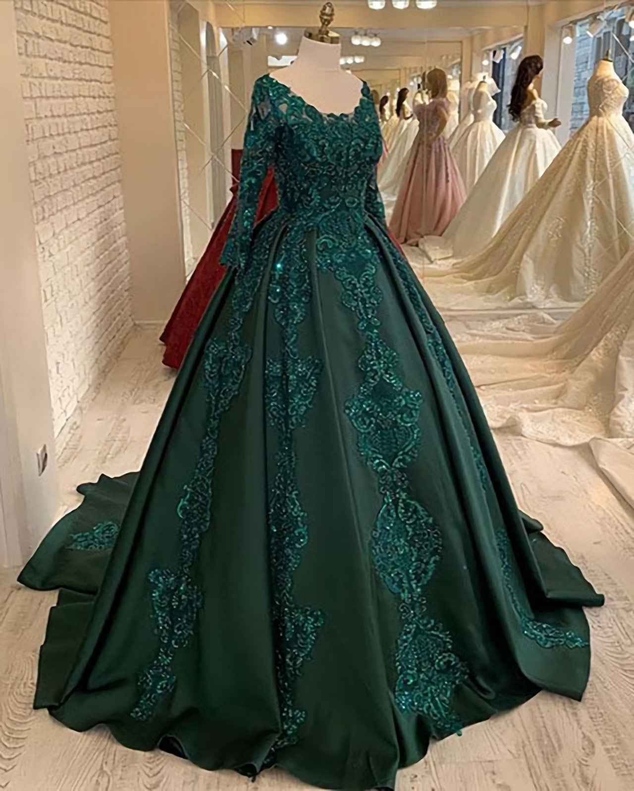 Long Sleeves Green Wedding Dress, Ball Gown Prom Dress