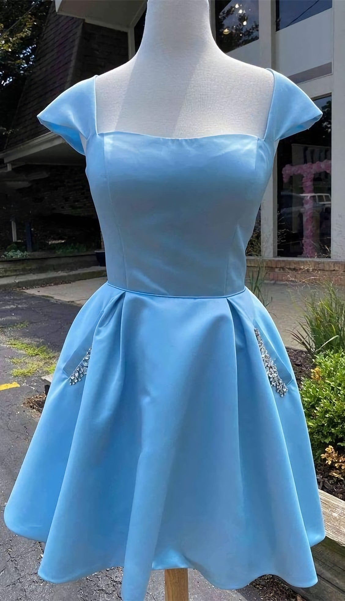 Cap Sleeves Light Blue Satin Short Homecoming Dress, With Beaded Bodice