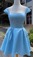 Cap Sleeves Light Blue Satin Short Homecoming Dress, With Beaded Bodice