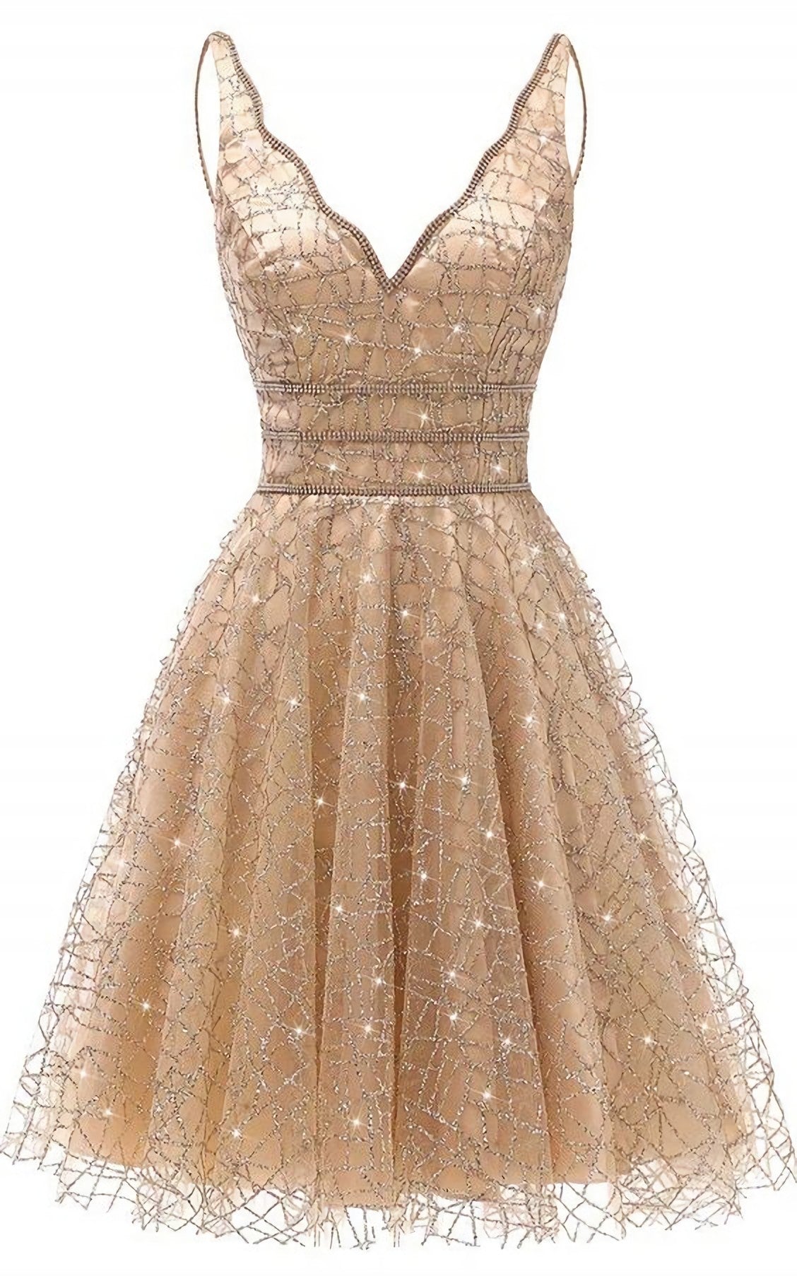 A Line V Neck Knee Length Gold Sequins Homecoming Dress, With Beading