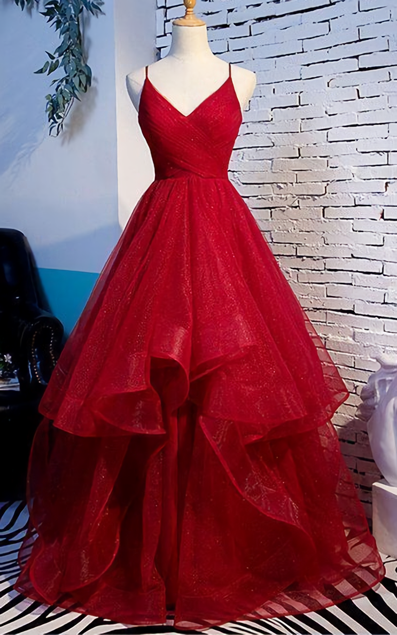 Elegant Tulle Red Straps Prom Dress, A Line Prom Dresses, Long Evening Dress, Burgundy Prom Dress