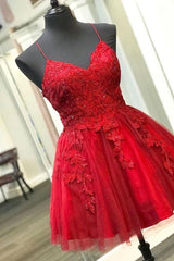 Straps Lace Appliqued Red Short Homecoming Dress